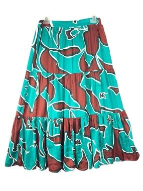 NWT Nine West Midi Skirt SM Teal Print Bold Careerwear Boho Chic